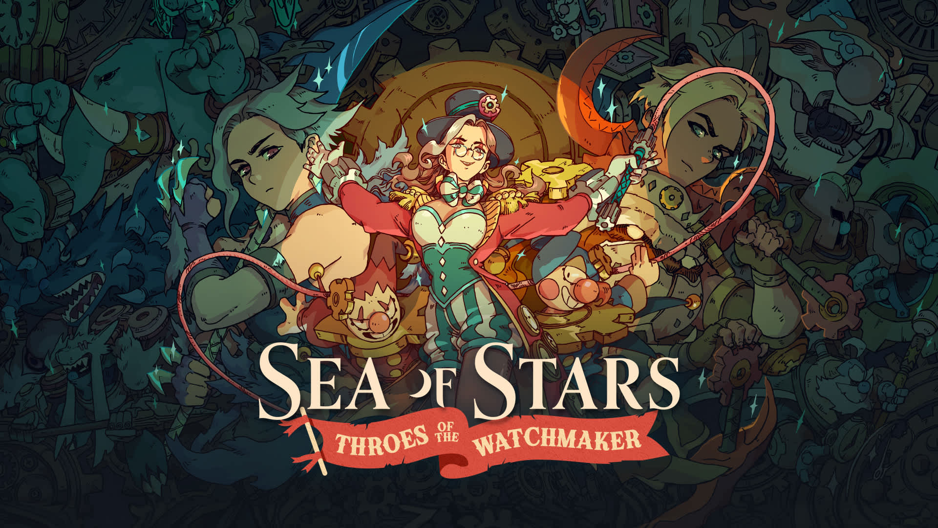 the key art for throes of the watchmaker, the free dlc for sea of stars. it features the watchmaker from the basegame in a lion tamer costume with silhoettes of the new enemies around her, including the evil clones of valere and zale